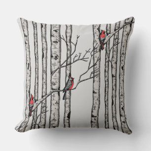 Coussin Birches rouges et gris et oiseaux cardinaux rouges
