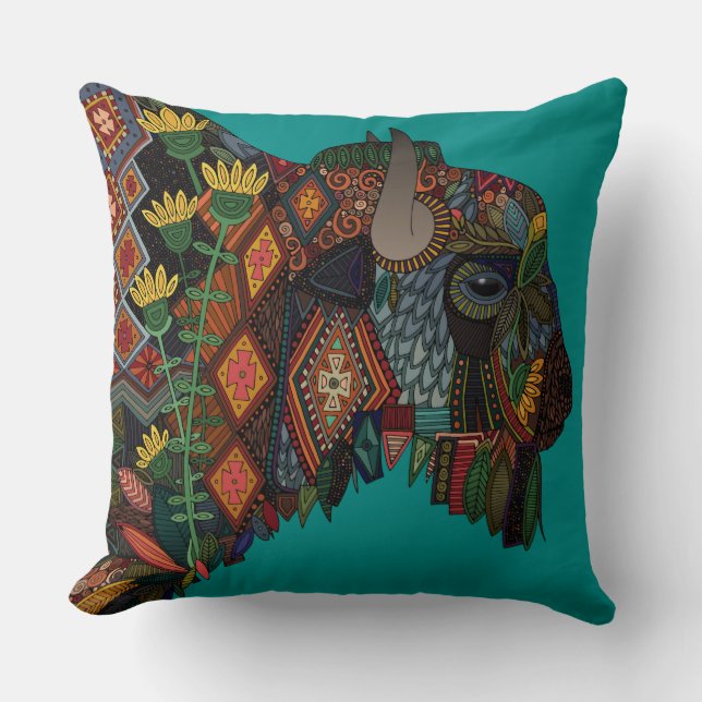 Coussin bison bleu turquoise (Recto)