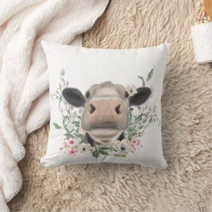 Coussin bisou de nez de vache fleurs aquarelle gris animal