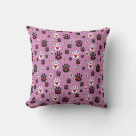 Coussin Black and white Paw Prints Red Hearts on pink