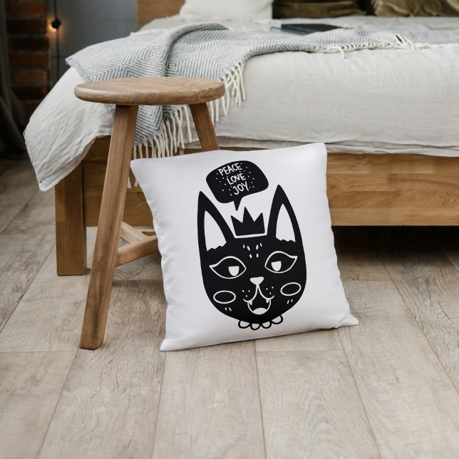 Coussin Black and White Peace Love Joy Chat Theme (Black and White Peace Love Joy Cat-Themed Throw Pillow)