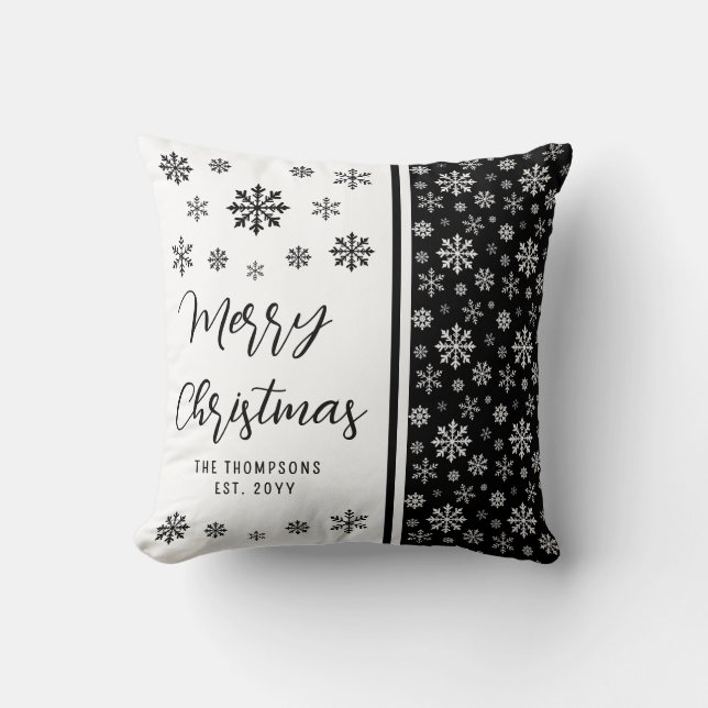 Coussin Black And White Snowflakes Custom Name Christmas (Recto)