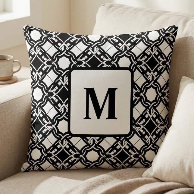 Coussin Black Black White Art Deco Monogram Pattern (Créateur téléchargé)