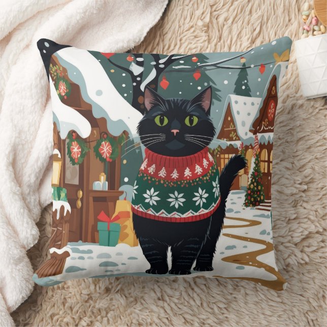 Coussin Black Cat Christmas Snow Holiday (Couverture)