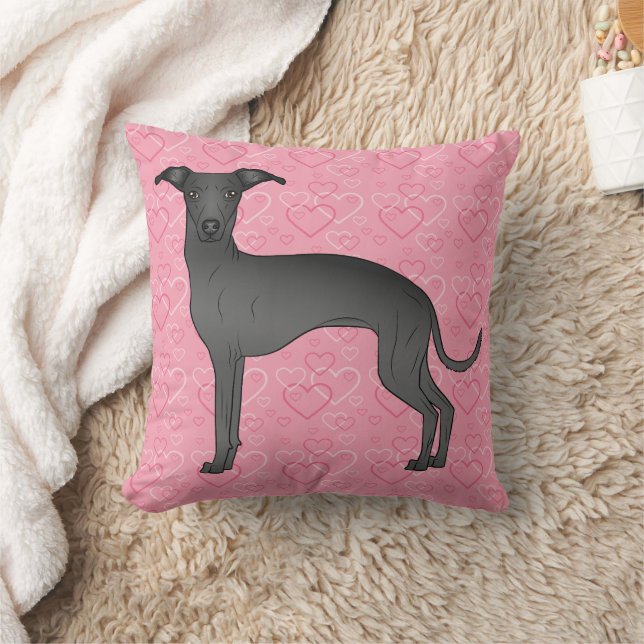Coussin Black Italien Greyhound Cute Dog Sur Coeur Rose (Couverture)