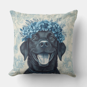 Coussin Black Labrador Retriever Blue Floral