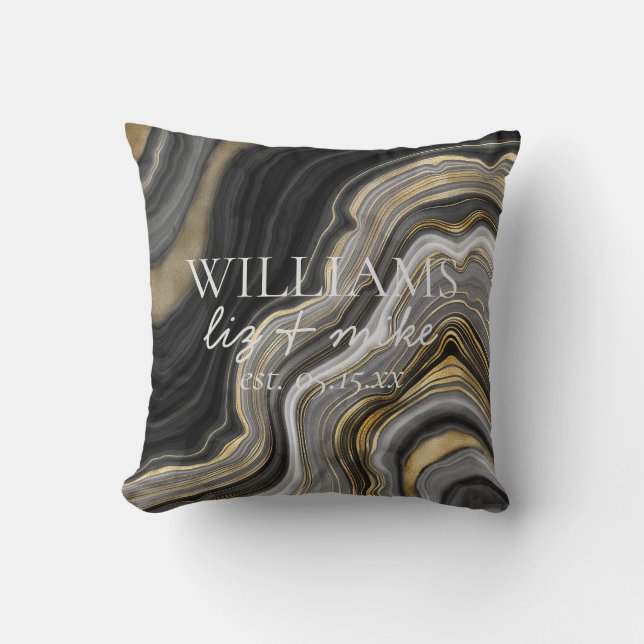 Coussin Black White Gold Agate Nom Mariage Date Keepsaké (Recto)