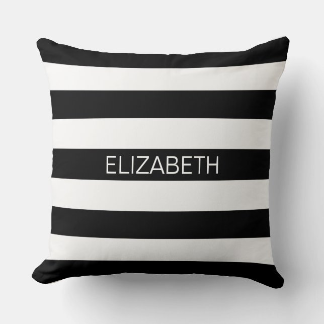 Coussin Black White Horizontal Preppy Stripe Nom monogram (Recto)