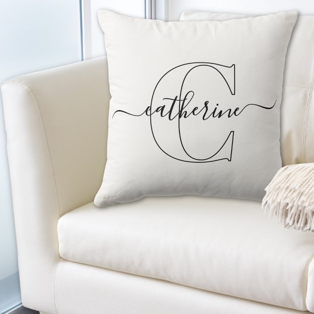 Coussin Black White Name Monogram Modern Script Minimalist (Custom First Initial Name Minimalist Black Script Throw Pillow)
