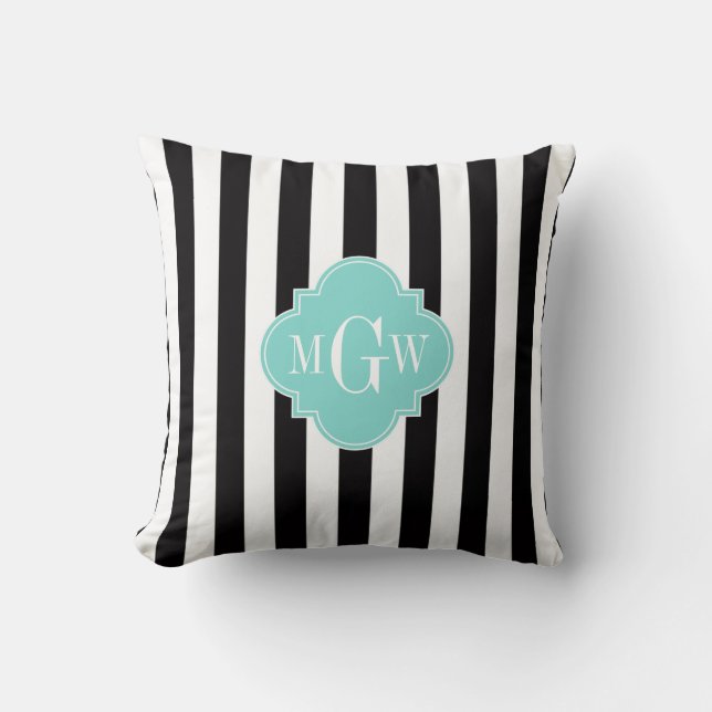 Coussin Black White Stripe Turquoise Quatrefoil (Recto)