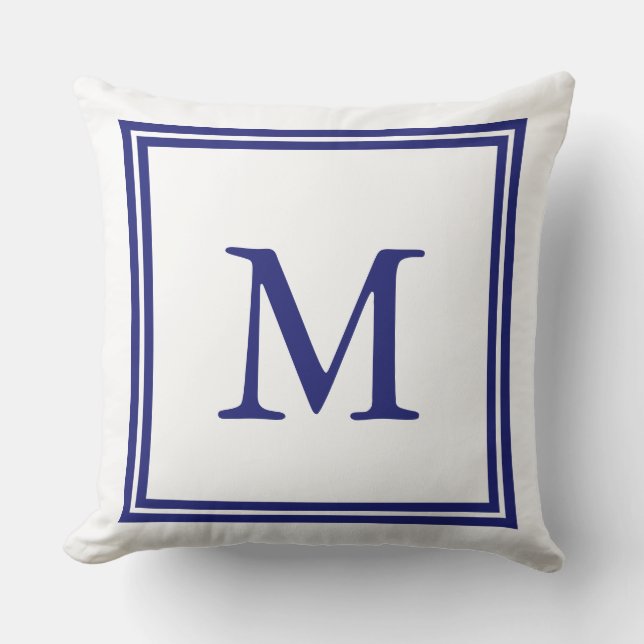 Coussin Blanc avec le monogramme bleu nautique de double (Recto)