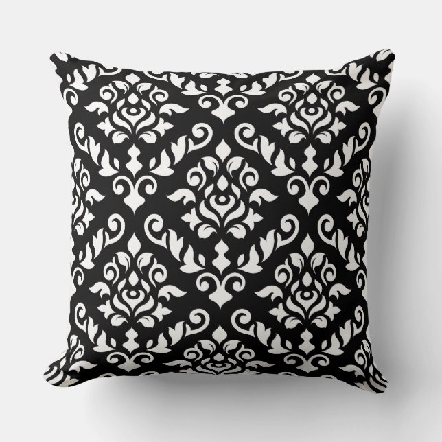 Coussin Blanc baroque de motif de damassé sur le noir (Recto)
