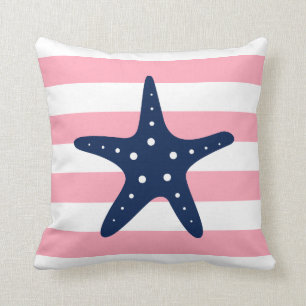 Coussin Blanc Bleu & Rose Large Stripes Motif Starfish