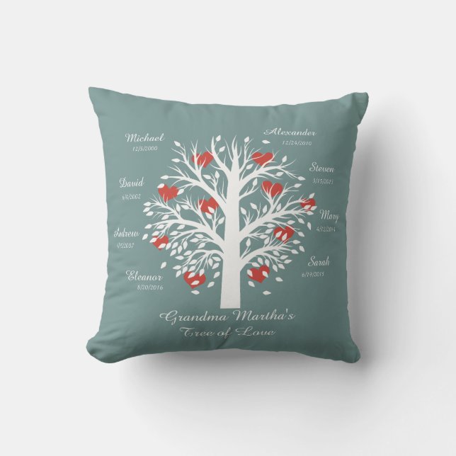 Coussin Blanc d'arbre de grand-maman (coeurs) sur le bleu, (Recto)