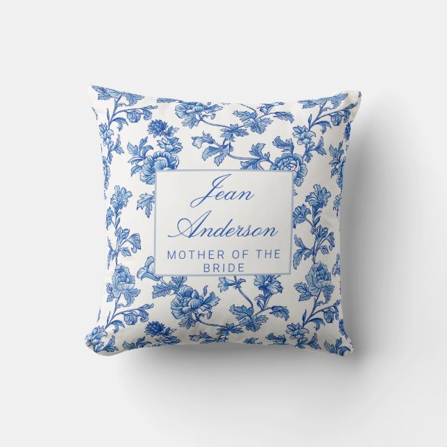 Coussin Blanc et Bleu Chinoiserie Mère de la Mariée (Recto)