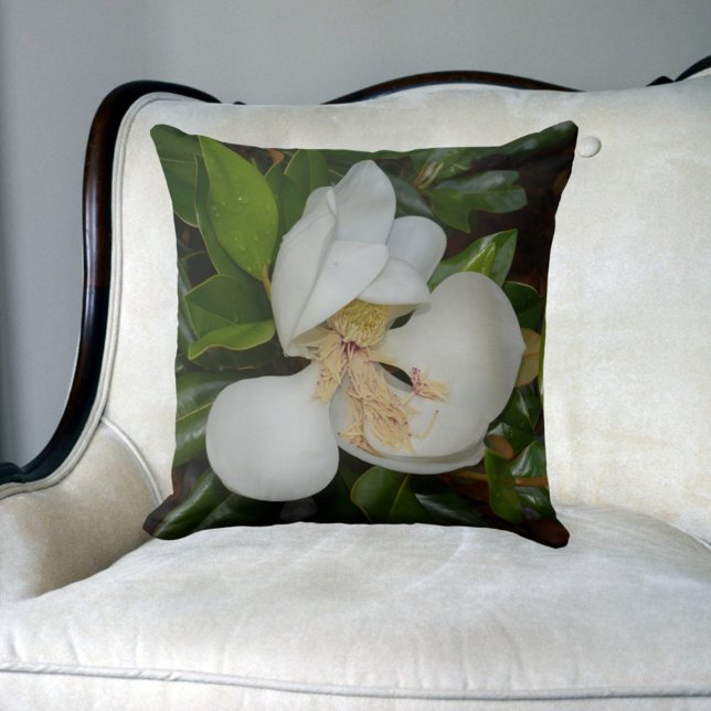 Coussin Blanc Magnolia Blossom Floral Vert et Blanc (Créateur téléchargé)
