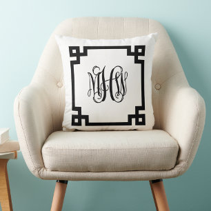 Coussin Blanc noir clé grecque Vigne Script Monogramme do-