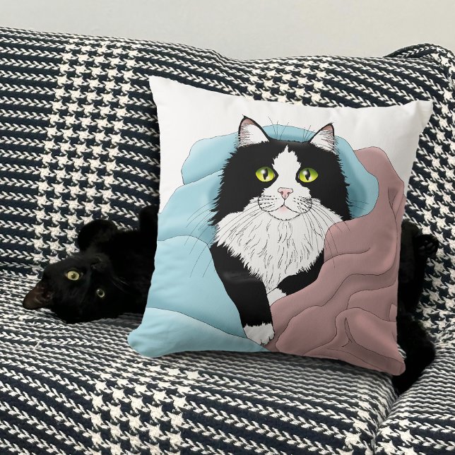 Coussin Blanc Noir Tuxedo Couvercles de chat Bleu Pink (Créateur téléchargé)