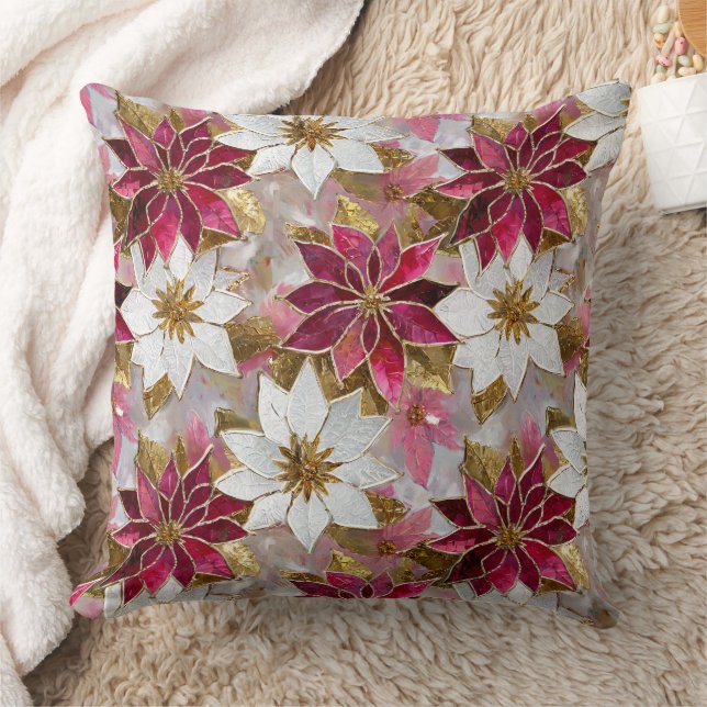 Coussin Blanc Or Bourgogne rose Poinsettias de Noël (Couverture)