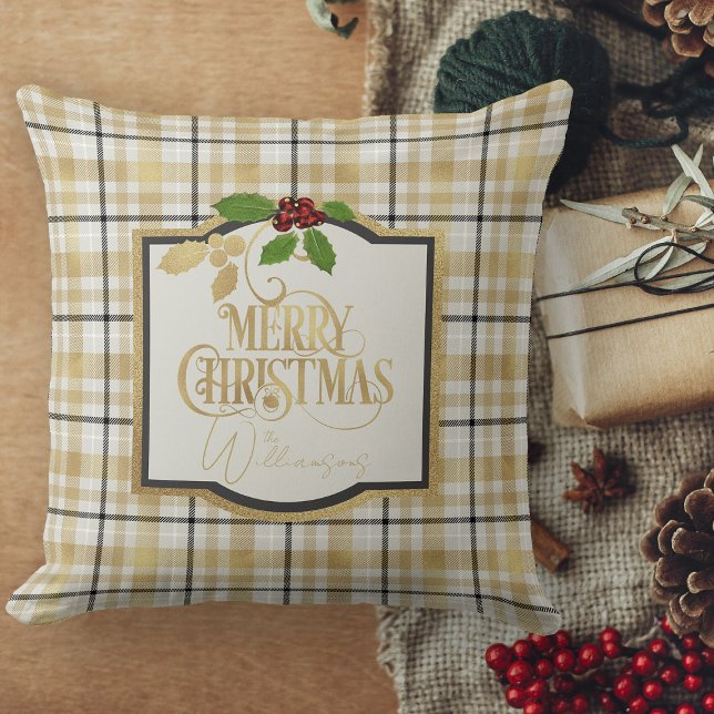 Coussin Blanc Or Noir Plat Avec Nom Noël (Christmas pillows personalized Christmas throw pillow for couch)