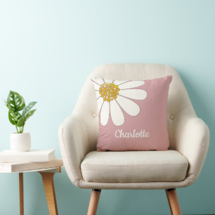 Coussin Blanc Retro Moderne Fleur de marguerite Nom person