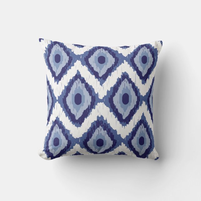 Coussin Blanc tribal bleu Chevron de diamant d'Ikat (Recto)