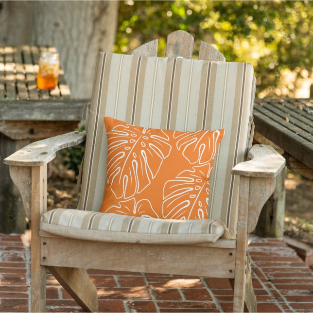 Coussin Blanc Tropical Leaf Motif Sur Bright Orange (Chaise)