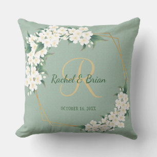 Coussin Blanc Vert Floral Monogramme Mariage Keepsaké Jeu