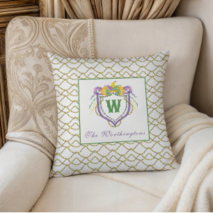 Coussin Blason de monogramme Mardi Gras à l'aquarelle
