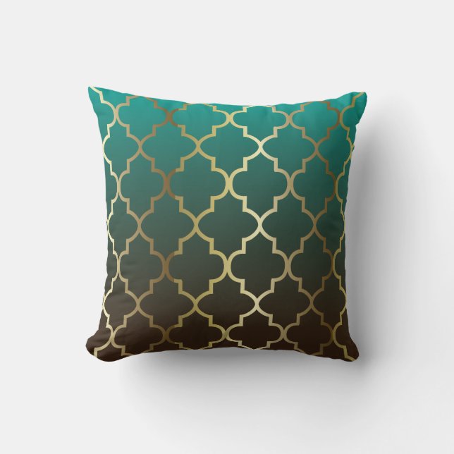 Coussin Blend turquoise et Brown | Gold Quatrefoil Motif (Recto)
