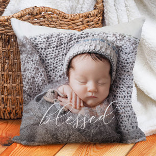 Coussin Blessed   Elegant Script Overlay Photo