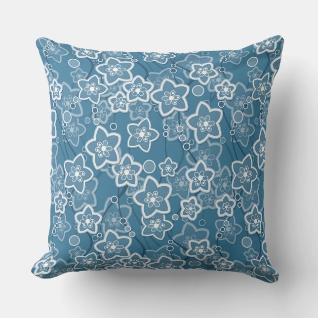 Coussin bleu avec blanc, bleu, fleurs, floral, rustique, f (Recto)