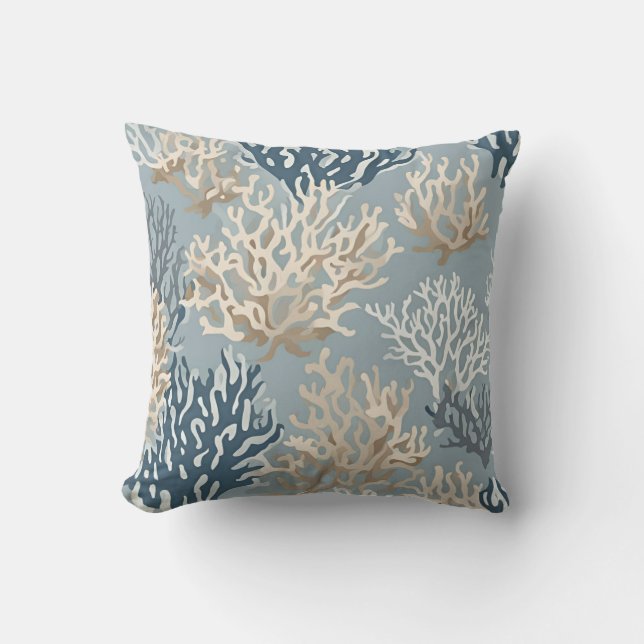 Coussin Bleu Beige Coral Reef Motif nautique (Recto)