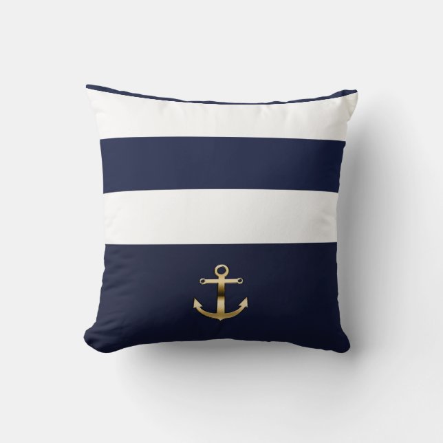 Coussin Bleu & Blanc Bande Or Ancre Nautique Chic (Recto)