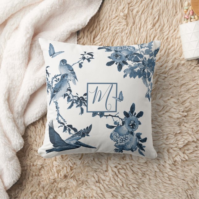 Coussin Bleu blanc Chinoiserie Floral élégant Monogramme (Couverture)