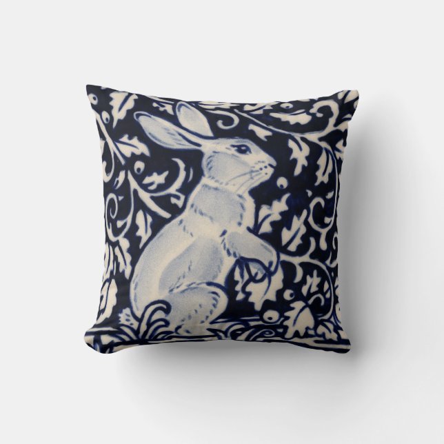 Coussin Bleu blanc lapin debout lièvre Bunny Chinoiserie (Recto)