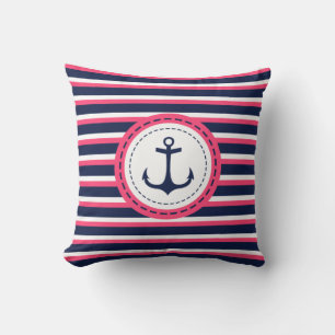 Coussin Bleu bleu marine Hot rose rayures Ancre
