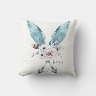 Coussin Bleu Boho Bohème Chic Flèches Plume Floral