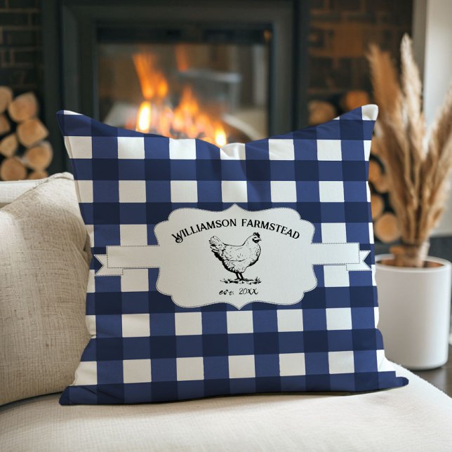 Coussin Bleu Buffalo Plaid Agritourisme Poulet d'oreiller (Blue Buffalo Plaid Farm Chicken Throw Pillow)