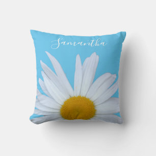 Coussin Bleu Ciel Daisy Élégant Script blanc