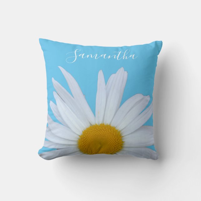 Coussin Bleu Ciel Daisy Élégant Script blanc (Recto)