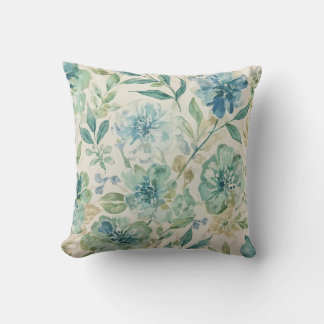 Coussin Bleu Ciel Sarcelle Vert Beige Crème Floral Abstrai