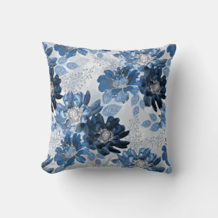 Coussin Bleu clair, fleurs bleu foncé sur gris clair