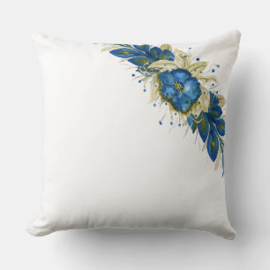 Coussin Bleu Couronne Fleurs Aquarelle Peint à la main Bla