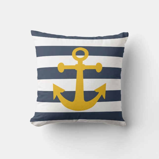 Coussin Bleu de la marine marine Bleu rayures de moutarde  (Recto)