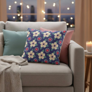 Coussin Bleu de marine avec fleurs de crème