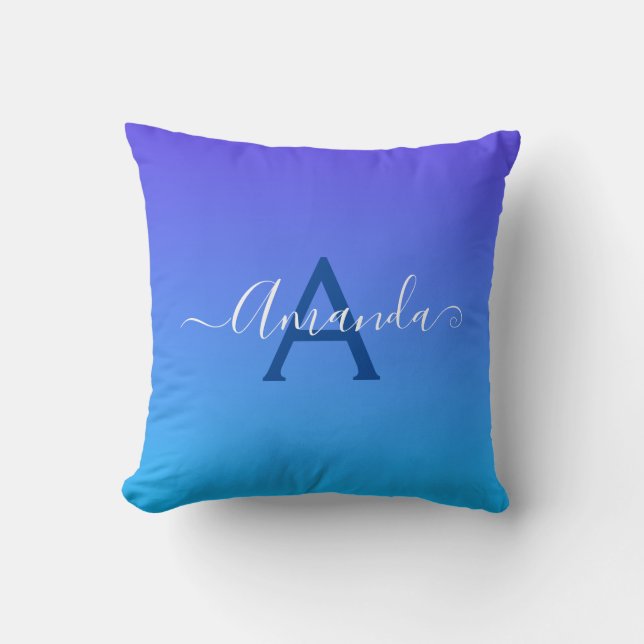 Coussin Bleu dégradé élégant Monogramme et nom (Recto)