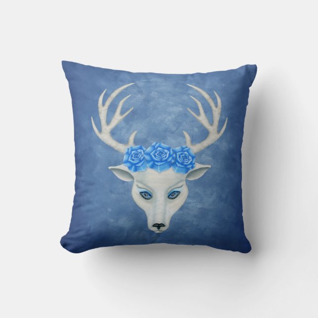 Coussin Bleu des yeux bleus de la tête de cerf blanc Roses (Recto)