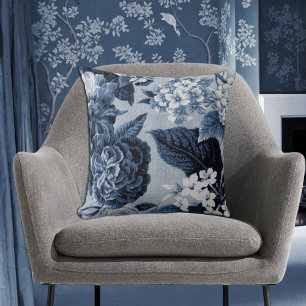 Coussin Bleu d'indigo Toile floral botanique vintage No.1