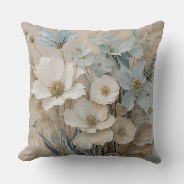 Coussin Bleu Dusty Beige Blanc crème Floral (Recto)